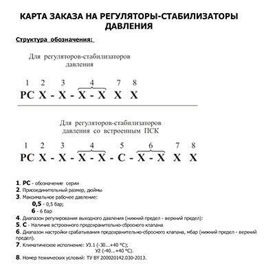 Карта заказа на регуляторы-стабилизаторы давления